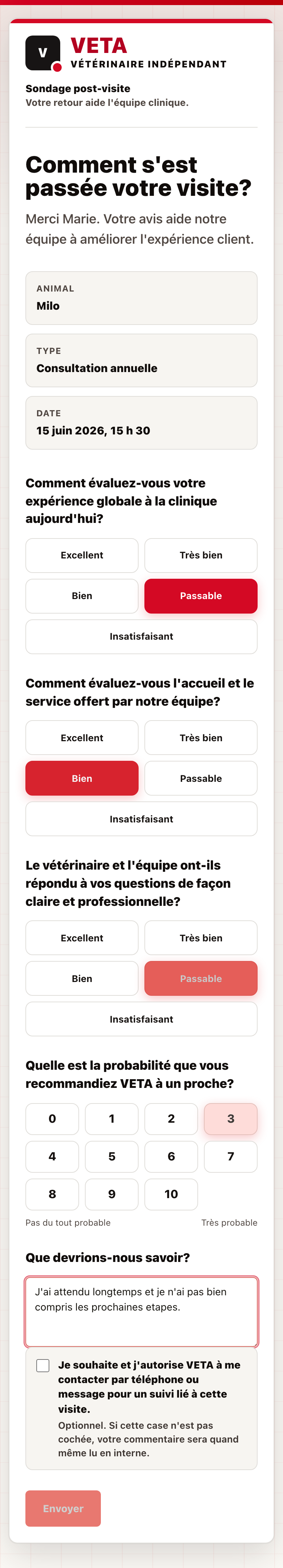Sondage rempli avec mauvaise note sans demande de suivi
