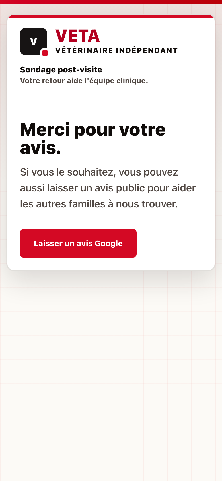Confirmation avec option de laisser un avis Google